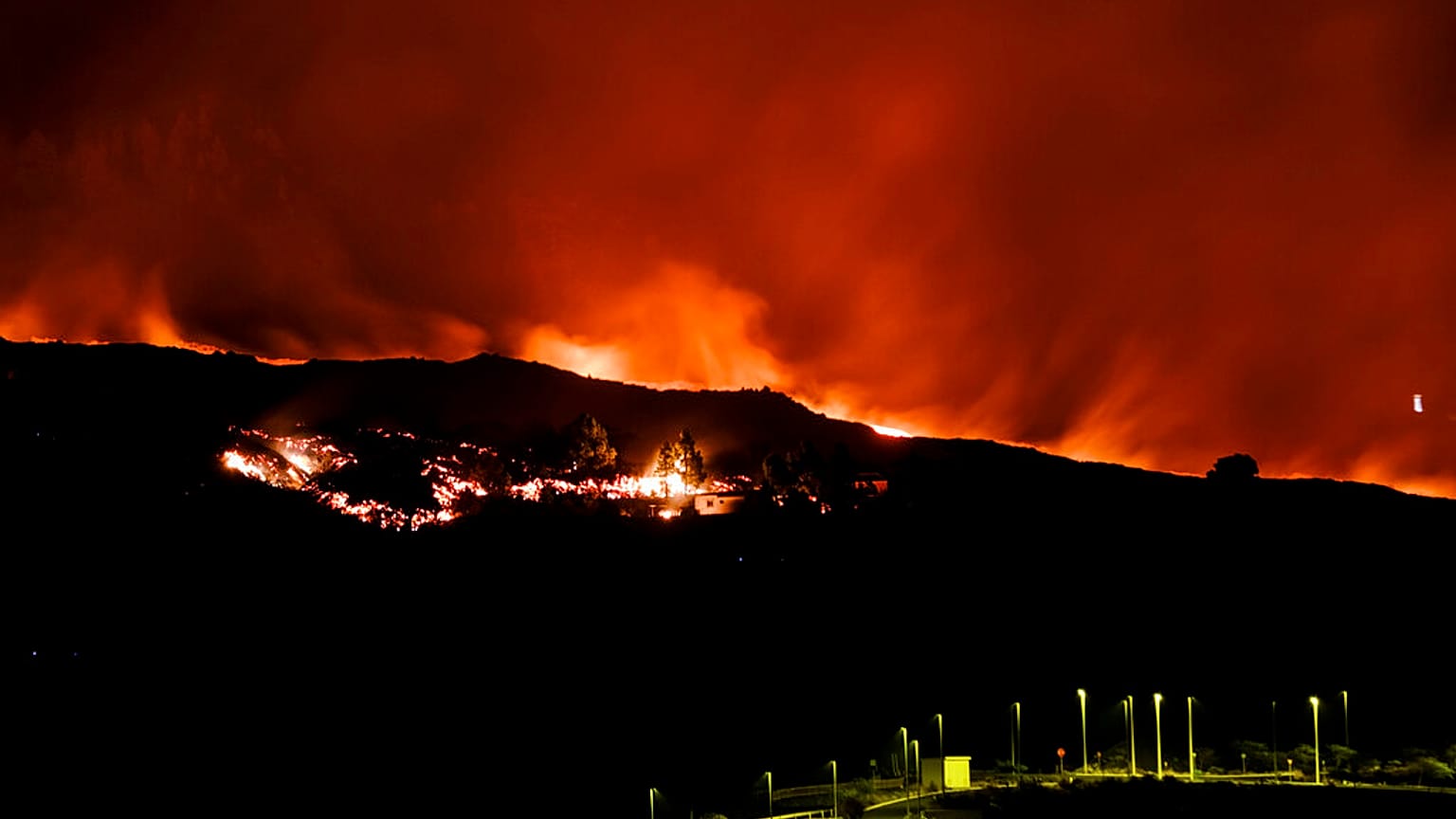 Lava flows from a volcano on the Canary Island of La Palma