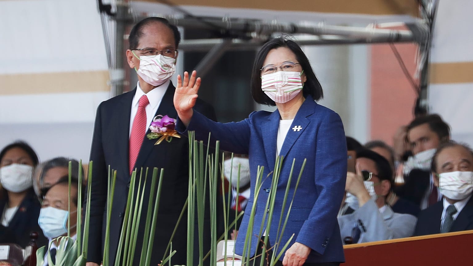 Taiwan's President Tsai Ing-wen, right, and Yu Shyi-kun, speaker of the Legislative Yuan during National Day celebrations in Taipei, Taiwan, Oct. 10, 2021. 