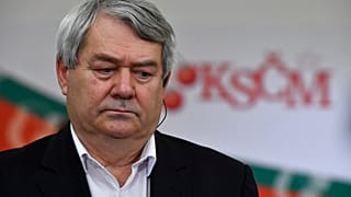 Chairman of the Communist Party (KSCM) Vojtech Filip talks to the media after the parliamentary election in Prague, Czech Republic, Saturday, Oct. 9, 2021