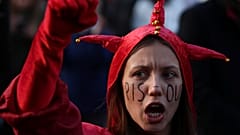 A demonstrator shouts slogans during a rally in support of Poland's membership in the European Union, in Krakow on October 10