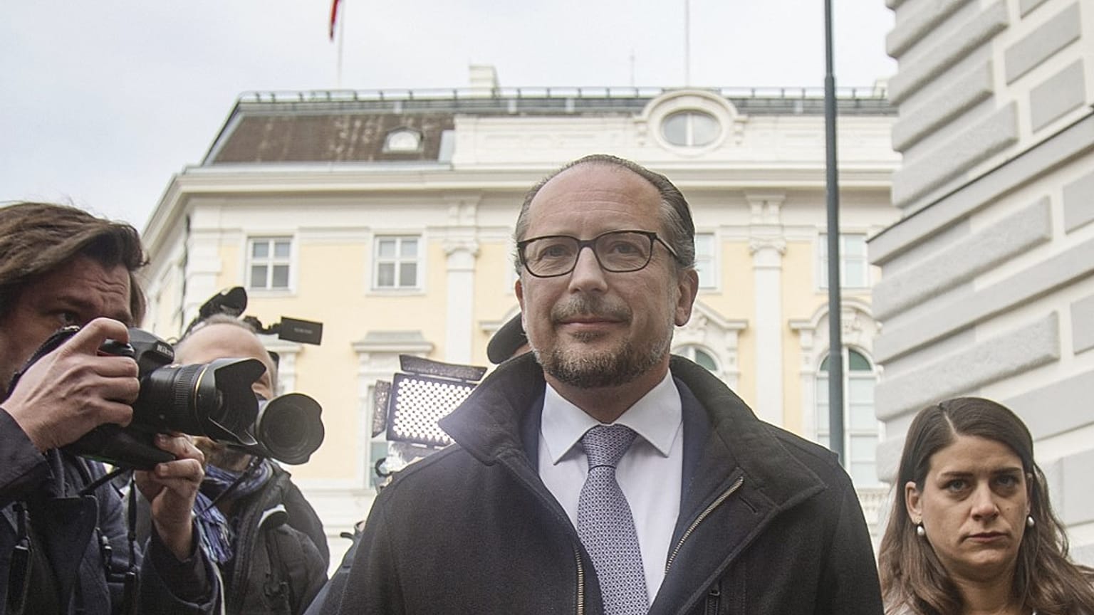 Austria's Foreign Minister Alexander Schallenberg arrives to meet Austria's President at Ballhausplatz in Vienna, on October 10, 2021. 