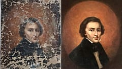 A portrait of Polish composer Frederic Chopin before and after restoration.