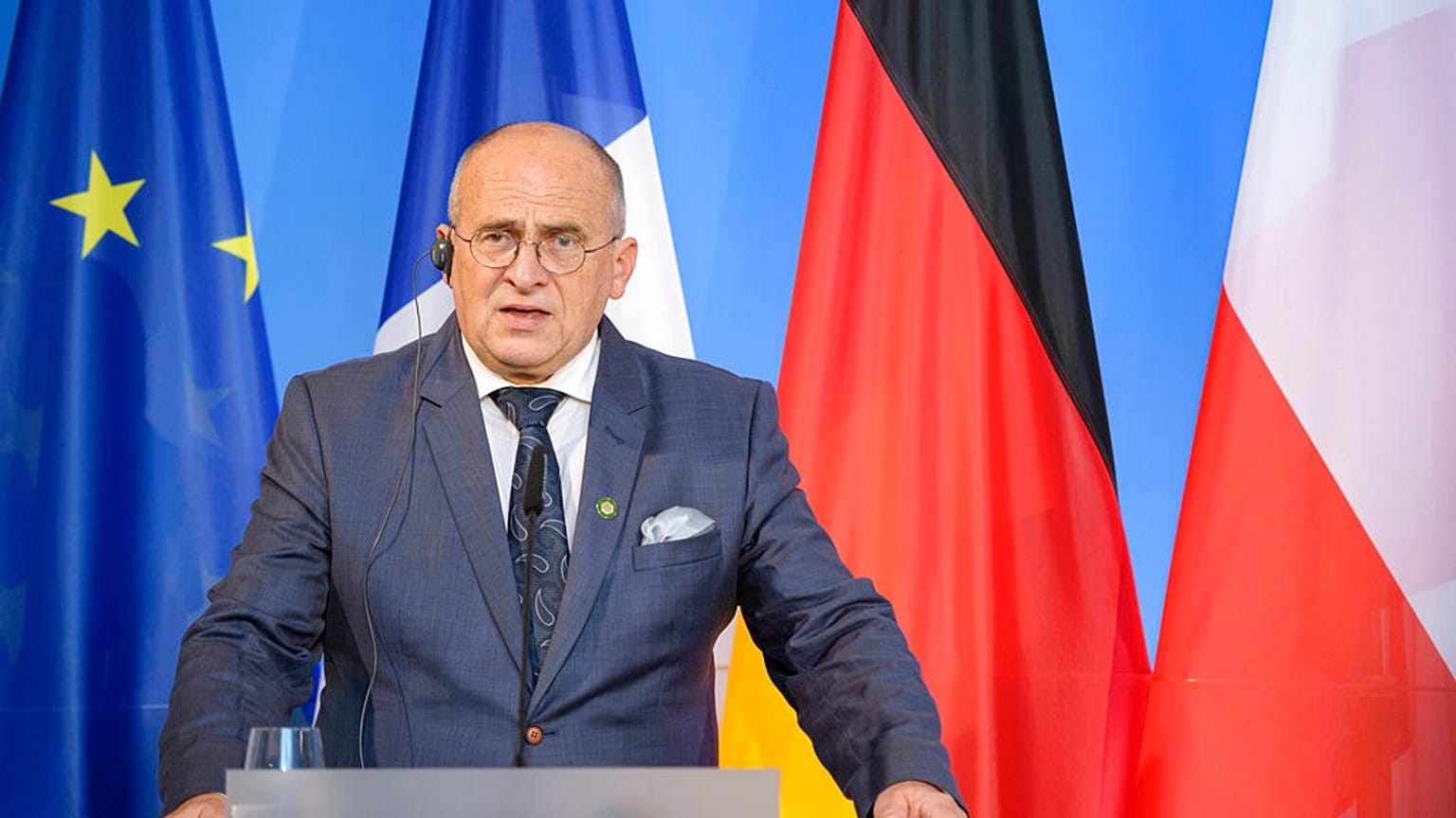 Polish Foreign Minister Zbigniew Rau at a news conference with his German and French counterparts to mark the 30th anniversary of the 'Weimar Triangle', Weimar, Sept. 10, 2021