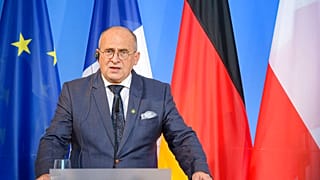 Polish Foreign Minister Zbigniew Rau at a news conference with his German and French counterparts to mark the 30th anniversary of the 'Weimar Triangle', Weimar, Sept. 10, 2021