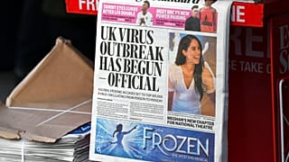 In this Friday, March 6, 2020 file photo, the front page of the Evening Standard is displayed at Bond Street Station, in London.