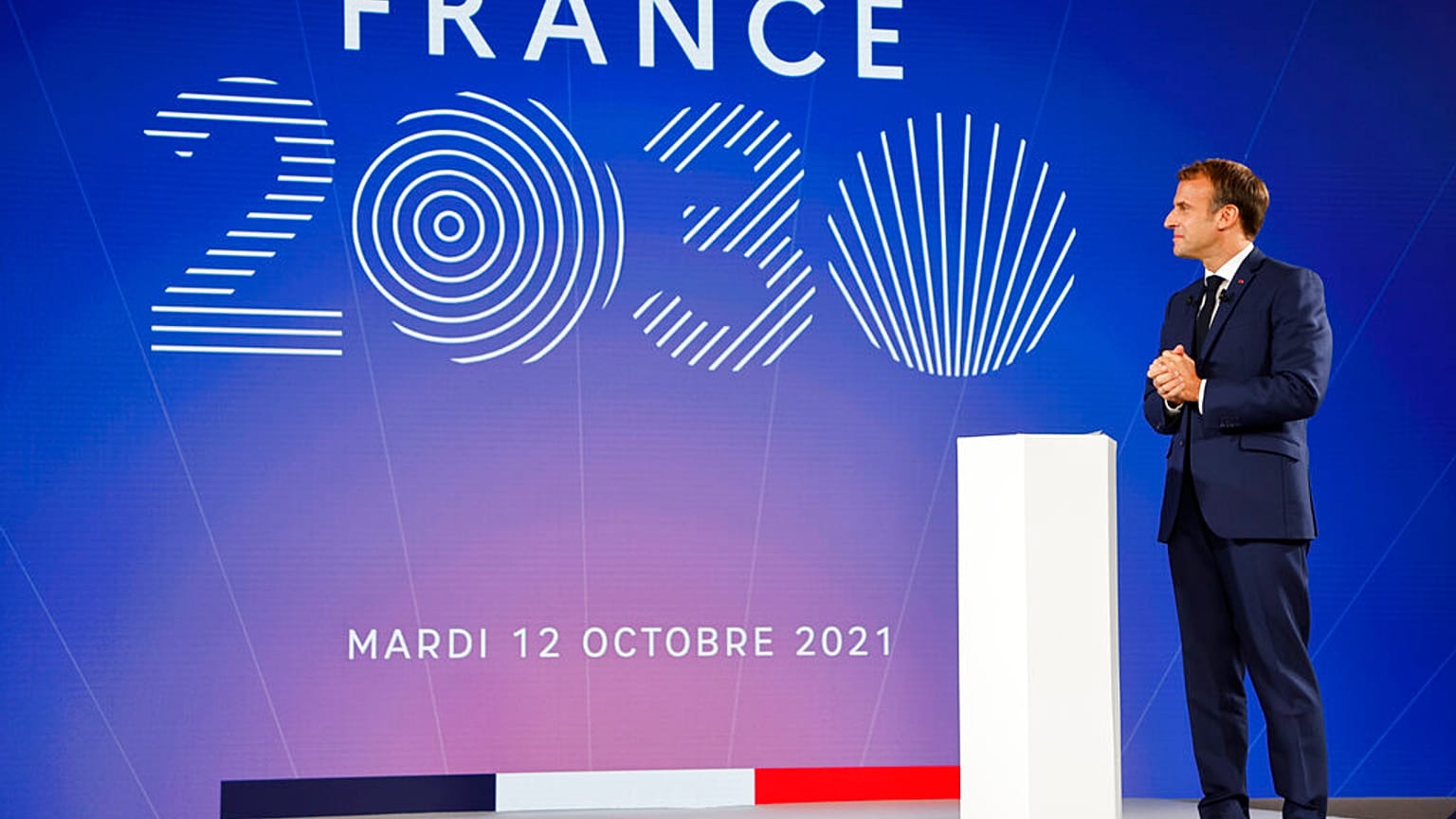 الرئيس الفرنسي، إيمانويل ماكرون، خلال عرض خطة استثمار "فرنسا 2030" في قصر الإليزيه في باريس، فرنسا، الثلاثاء 12 أكتوبر 2021.