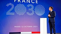 الرئيس الفرنسي، إيمانويل ماكرون، خلال عرض خطة استثمار "فرنسا 2030" في قصر الإليزيه في باريس، فرنسا، الثلاثاء 12 أكتوبر 2021.