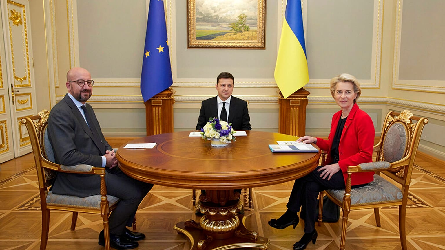 Ukrainian President Volodymyr Zelenskyy, center, European Commission President Ursula von der Leyen, right, and European Council President Charles Michel