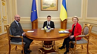 Ukrainian President Volodymyr Zelenskyy, center, European Commission President Ursula von der Leyen, right, and European Council President Charles Michel