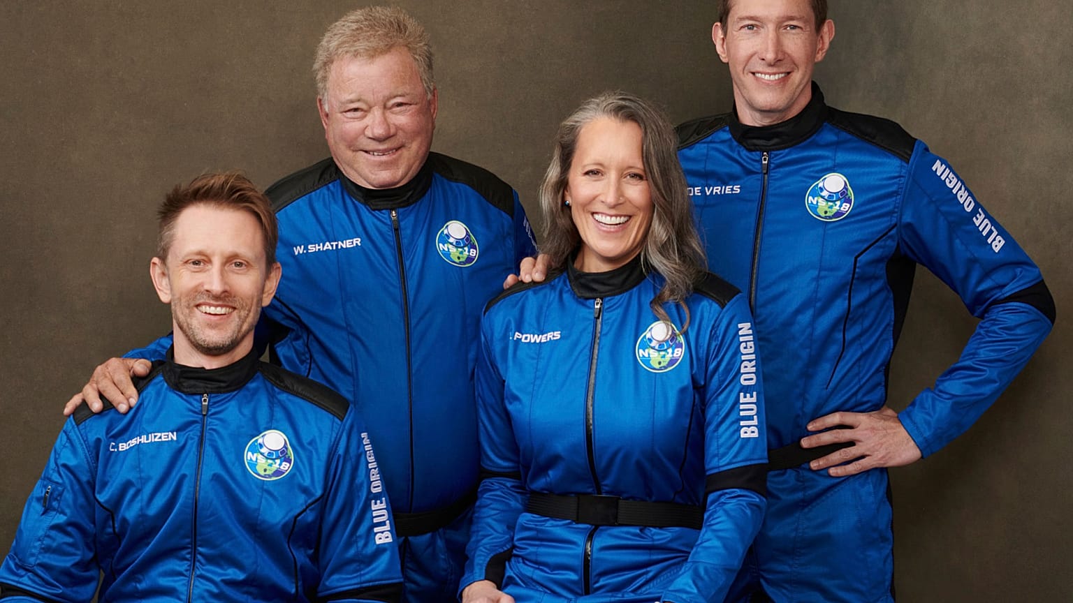 This undated photo made available by Blue Origin in October 2021 shows, from left, Chris Boshuizen, William Shatner, Audrey Powers and Glen de Vries.