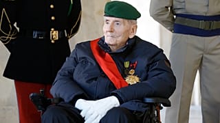 In this Nov.26, 2020 file photo, Hubert Germain, a WWII Resistance fighter and the last "Compagnon de la Liberation" is pictured at the Invalides monument in Paris.