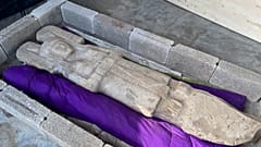 This Jan. 4, 2021 file photo released by Mexico's INAH shows the statue of a female figure unearthed in Hidalgo Amajac, in nearby Alamo Temapache, Veracruz state, Mexico.