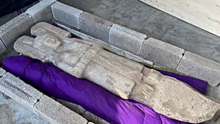 This Jan. 4, 2021 file photo released by Mexico's INAH shows the statue of a female figure unearthed in Hidalgo Amajac, in nearby Alamo Temapache, Veracruz state, Mexico.
