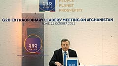 Italian Premier Mario Draghi during a press conference at the end of a virtual summit of the Group of 20 dedicated to Afghanistan in Rome, Tuesday, Oct. 12, 2021.