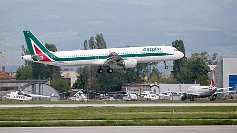 In this photo taken on Sunday, May 5, 2019, an Alitalia plane takes off from Sofia airport, Bulgaria.
