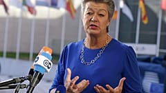 European Commissioner for Home Affairs Ylva Johansson talks to media before EU Justice and Home Affairs Council in Luxembourg, on October 8, 2021.