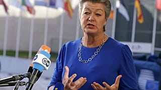 European Commissioner for Home Affairs Ylva Johansson talks to media before EU Justice and Home Affairs Council in Luxembourg, on October 8, 2021.