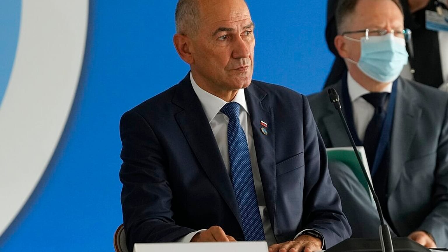 lovenian Prime Minister Janez Jansa attends the EUMED 9 summit at the Stavros Niarchos Foundation Cultural Center in Athens, Friday, Sept. 17, 2021. 
