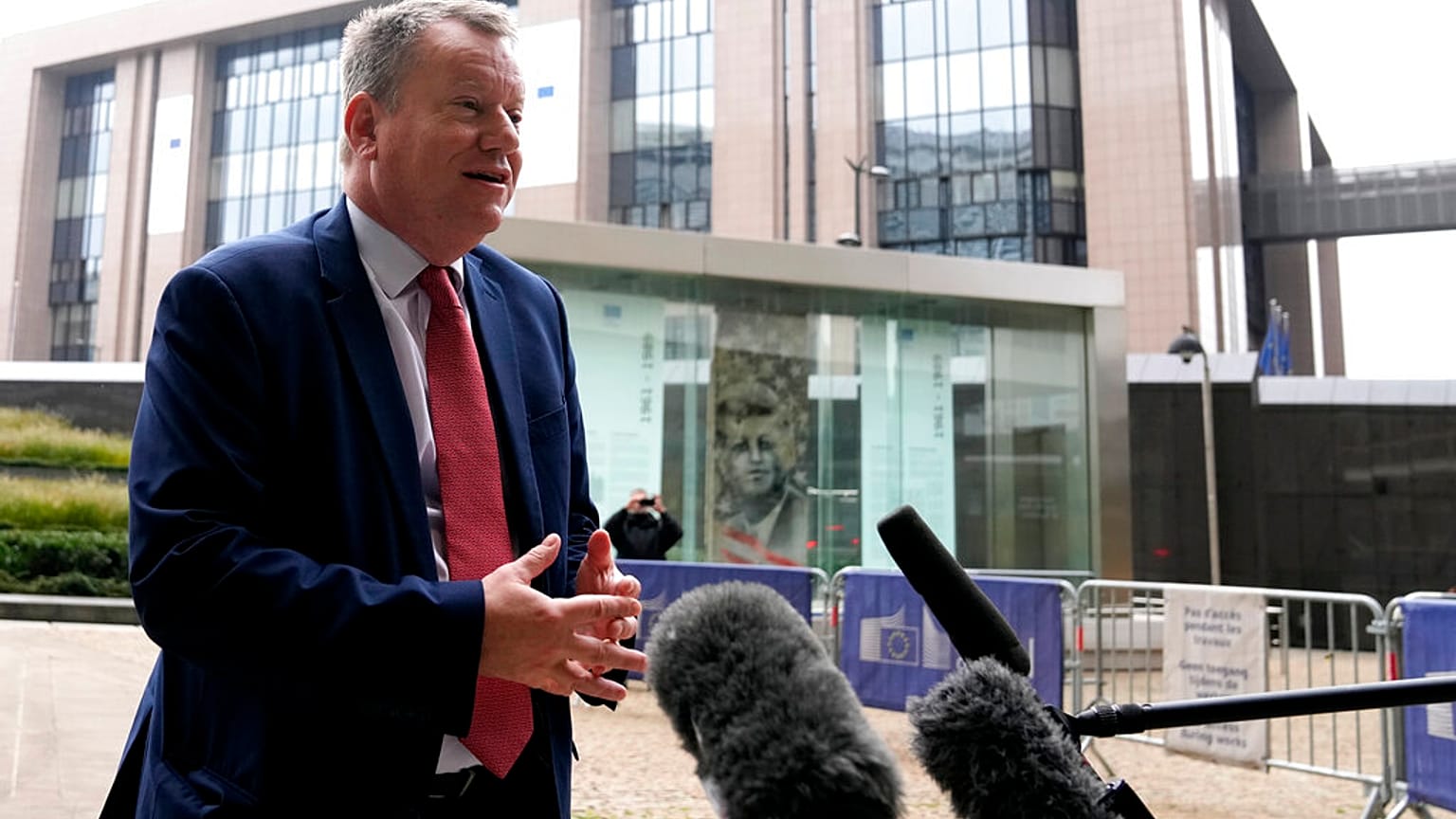 UK Brexit minister David Frost arrives for a lunch with EU Commissioner Maros Sefcovic at EU headquarters in Brussels, Friday, Oct. 15, 2021. 