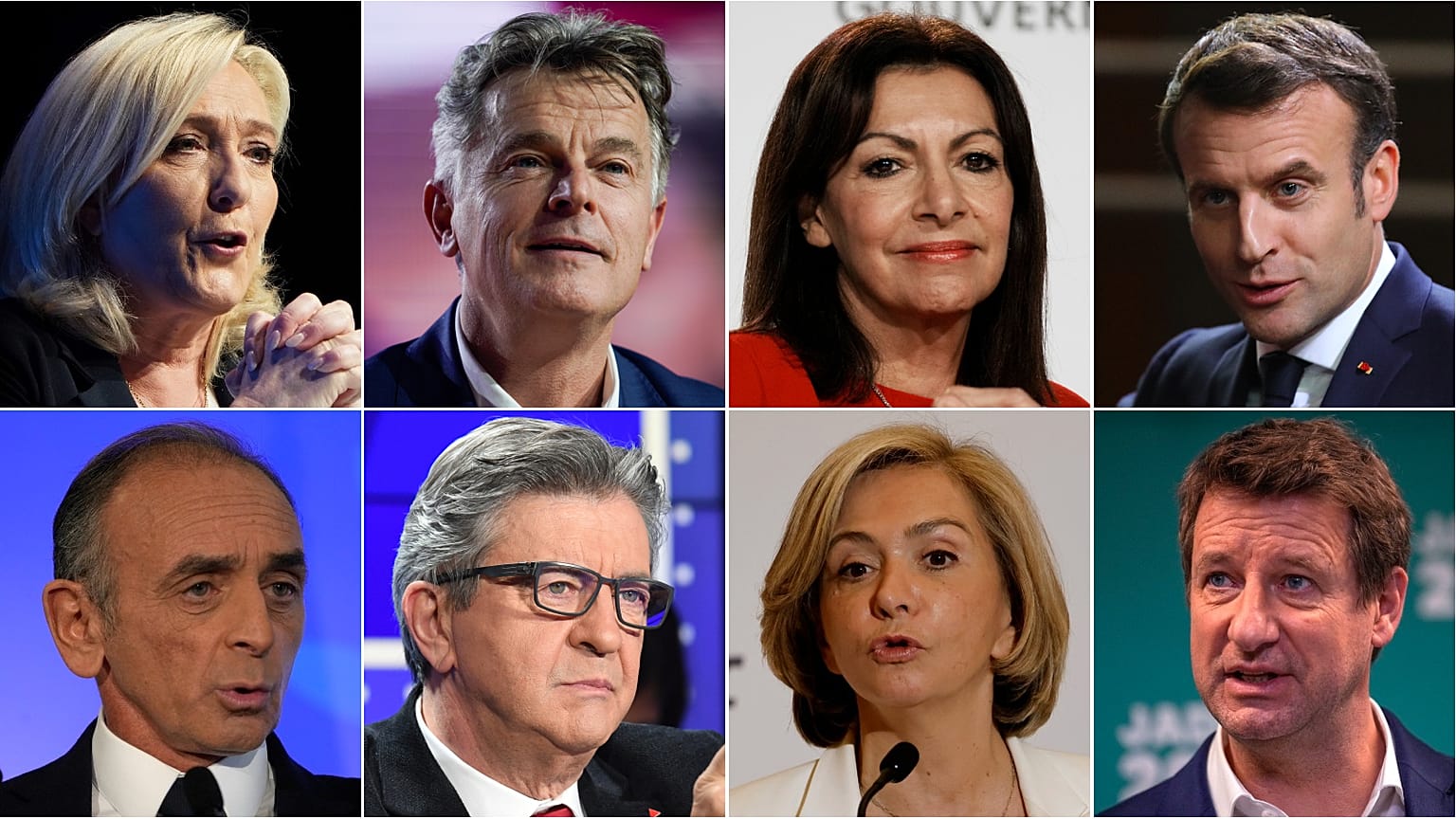 Felső sor balról jobbra: Marine Le Pen, Fabien Roussel, Anne Hidalgo és Emmanuel Macron; Alsó sor: Eric Zemmour, Jean-Luc Mélenchon, Valérie Pécresse és Yannick Jadot