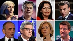 Felső sor balról jobbra: Marine Le Pen, Fabien Roussel, Anne Hidalgo és Emmanuel Macron; Alsó sor: Eric Zemmour, Jean-Luc Mélenchon, Valérie Pécresse és Yannick Jadot