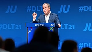 Armin Laschet, CDU Federal Chairman and Minister President of North Rhine-Westphalia, speaks at the 'Junge Union's Germany Day in Muenster, Germany, Saturday, Oct. 16, 2021. 