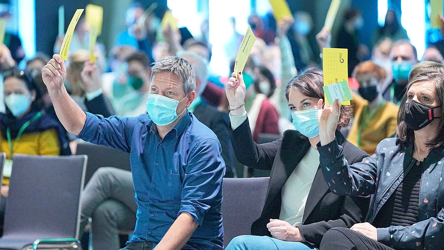 Annalena Baerbock, centre, and Robert Habeck, federal leaders of the Greens at a Berlin party congress, 17 October 2021.
