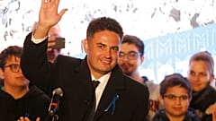 Conservative independent candidate Peter Marki-Zay celebrates in Budapest, Hungary, Sunday, Oct. 17, 2021, after he won an opposition primary race.