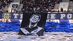 A banner depicting Argentine footballer Emiliano Sala during a French L1 match at his formative club Bordeaux, Matmut Stadium, Bordeaux, February 17, 2019.