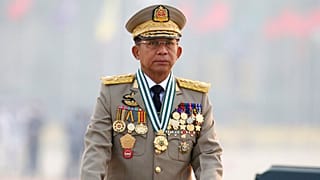 In this Saturday, March 27, 2021 file photo, Commander-in-Chief Senior Gen. Min Aung Hlaing presides over an army parade on Armed Forces Day in Naypyitaw, Myanmar.