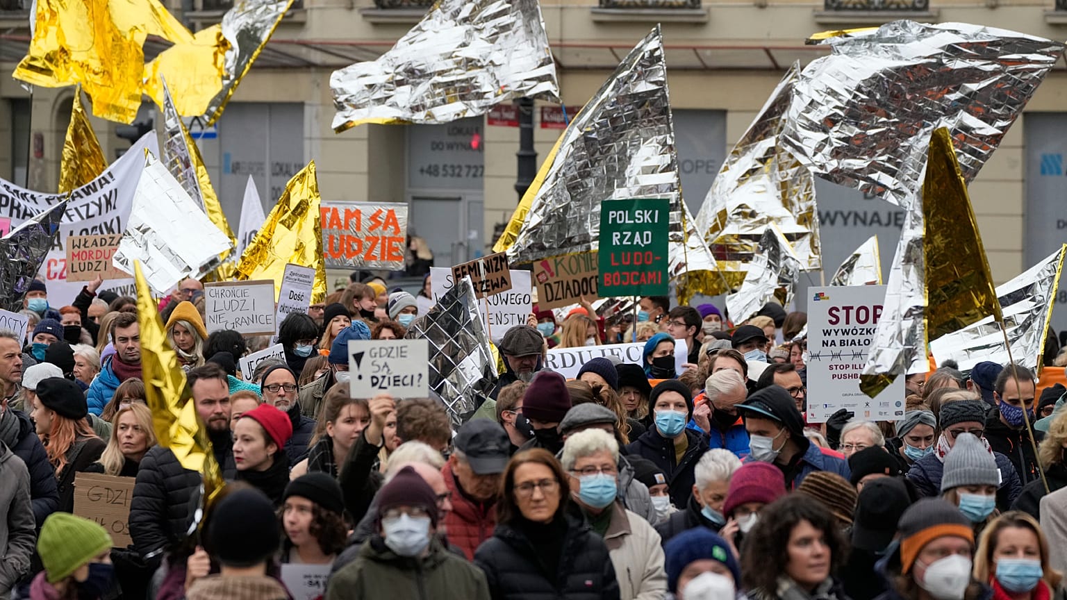 Protest in solidarity with migrants who have been pushed back at Poland's border with Belarus, in Warsaw, Poland