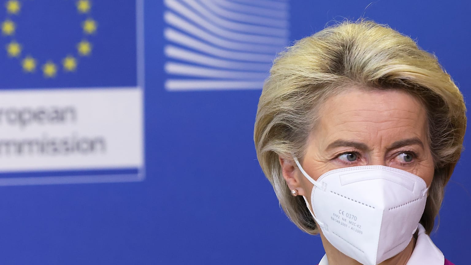 European Commission President Ursula von der Leyen addresses a media conference.