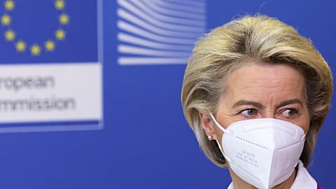 European Commission President Ursula von der Leyen addresses a media conference.