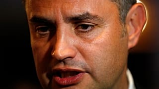 Conservative independent candidate Peter Marki-Zay talks with the media in Budapest, Hungary, Sunday, Oct. 17, 2021