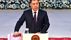 Kyrgyz President Sadyr Japarov takes his oath of office during his inauguration in Bishkek on Thursday, January 28