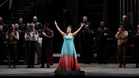 Russian soprano Anna Netrebko acknowledges the applause of the audience at the end of La Scala opera house's gala season opener, Italy, Saturday, Dec. 7, 2019. 