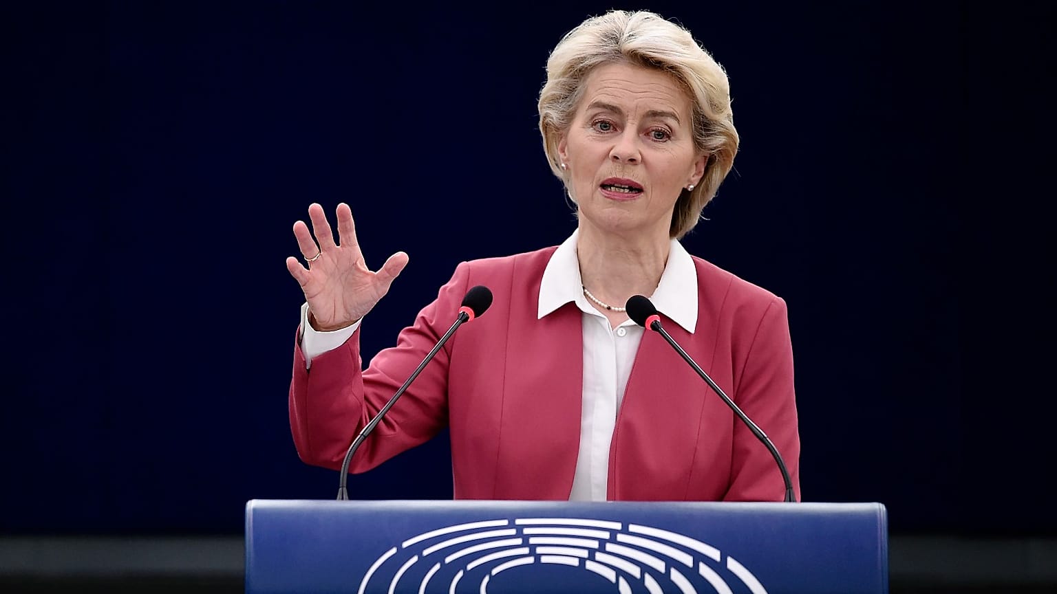 European Commission President Ursula von der Leyen delivers a speech at the European Parliament.