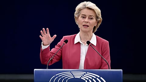 European Commission President Ursula von der Leyen delivers a speech at the European Parliament.