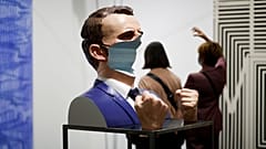 A scultpture of President Emmanuel Macron titled 'New photo d'identite' by artist Wang Du