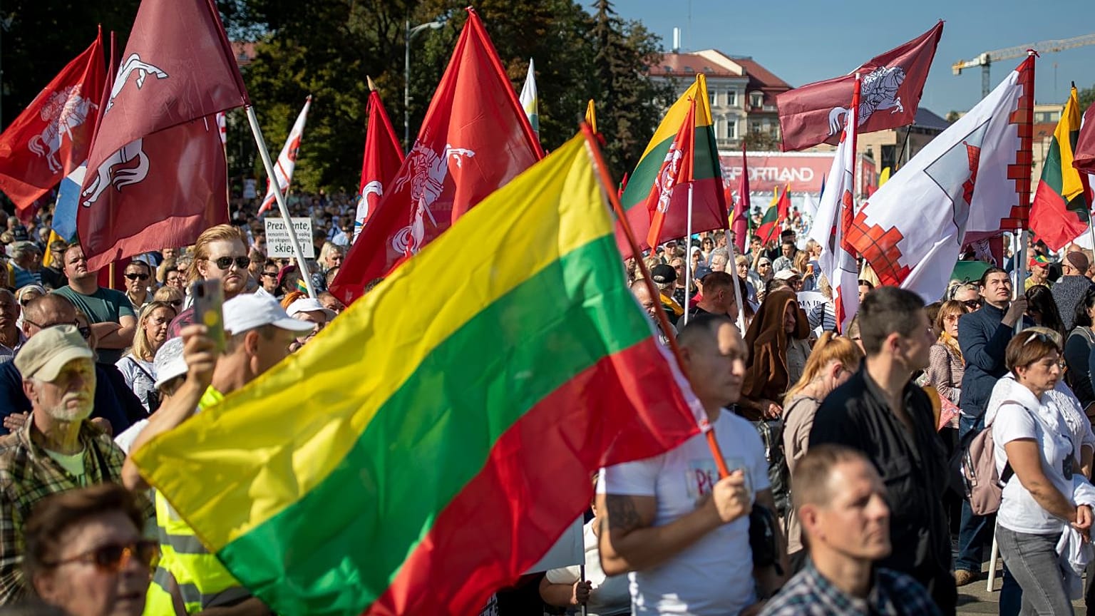 Protesters at an anti-vaccination demonstration at Vilnius' Cathedral Square in September.