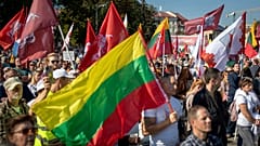 Protesters at an anti-vaccination demonstration at Vilnius' Cathedral Square in September.