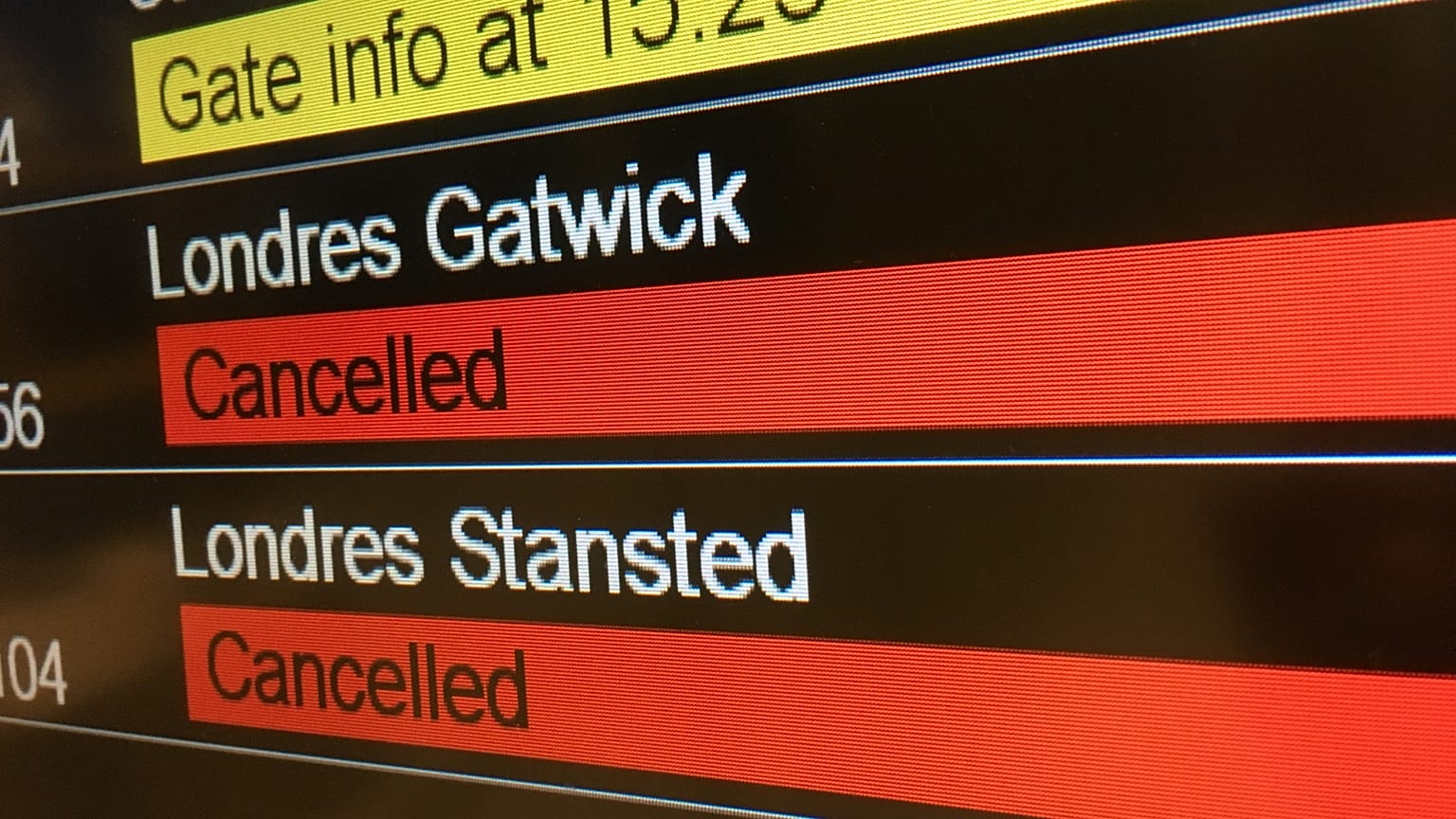 A board of cancelled flights to London.
