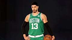 Enes Kanter poses during the Boston Celtics Media Day.