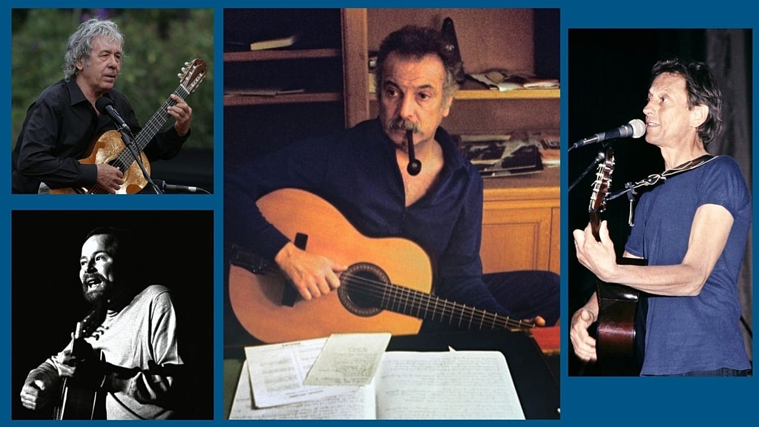 Paco Ibanez (en haut à g.), Franz-Josef Degenhardt (en bas à g.), Georges Brassens (centre) et Graeme Allwright (à d.)