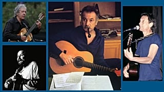 Paco Ibanez (en haut à g.), Franz-Josef Degenhardt (en bas à g.), Georges Brassens (centre) et Graeme Allwright (à d.)