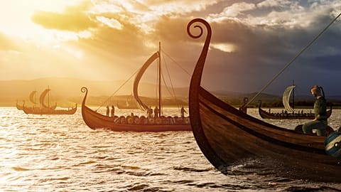 A depiction of Viking ships on the water. 
