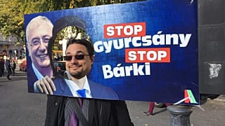 Plakáttal pózoló férfi az MKKP békemenetén