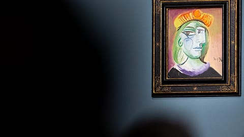 Pablo Picasso's "Femme au béret rouge-orange" is on display for auction at the Bellagio hotel and casino Saturday, Oct. 23, 2021, in Las Vegas. 
