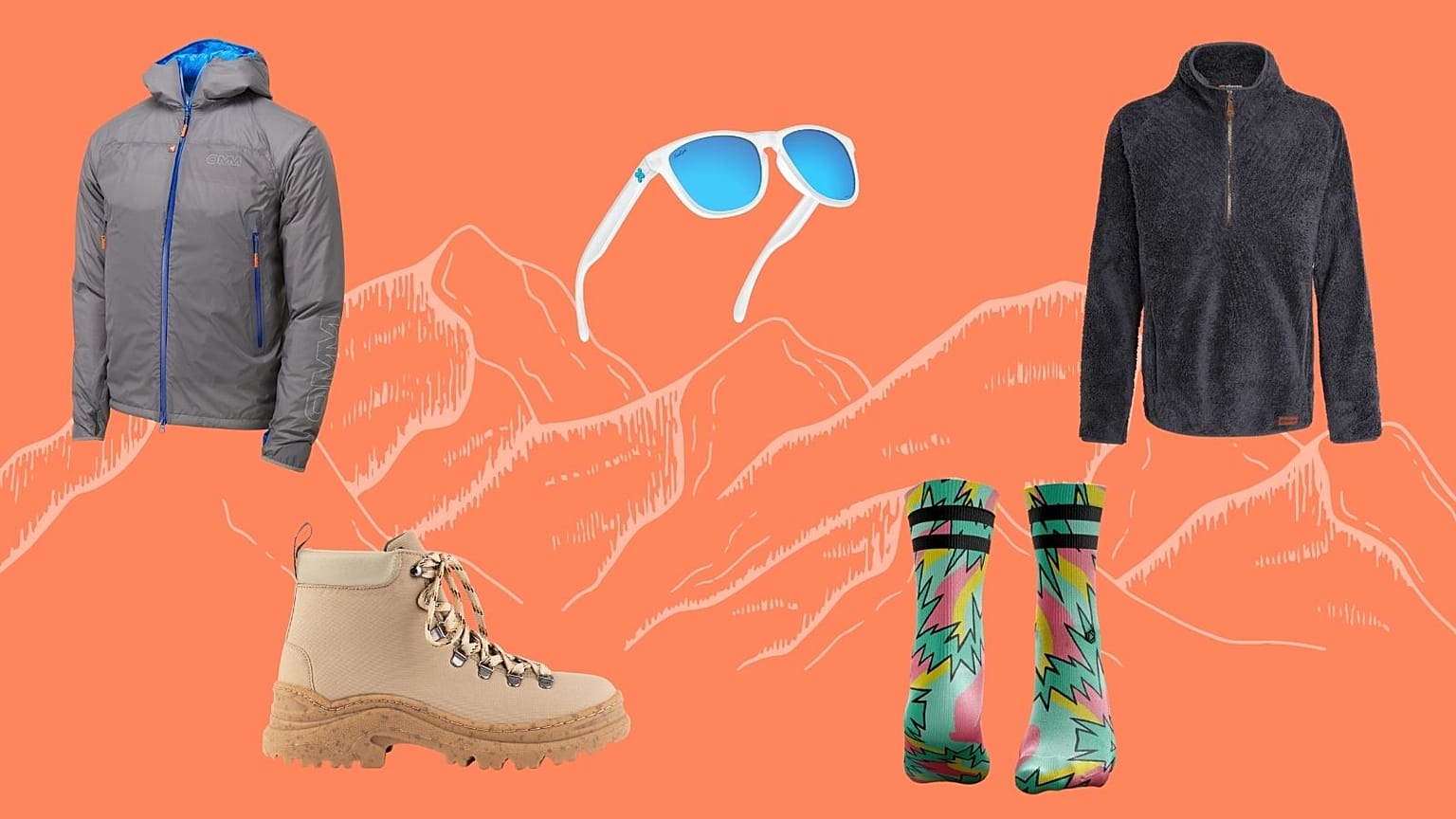 From top left, clockwise: Barrage Jacket by OMM; Sungod sunglasses; Lhasa fleece from Sherpa Adventure Gear; Weekend Boots by Alice + Whittles; Socks by Hexxee.
