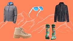 From top left, clockwise: Barrage Jacket by OMM; Sungod sunglasses; Lhasa fleece from Sherpa Adventure Gear; Weekend Boots by Alice + Whittles; Socks by Hexxee.